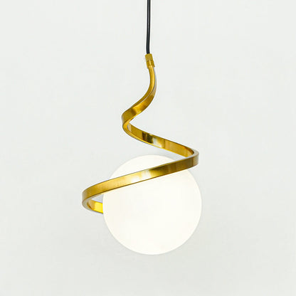 Gold metal spiral pendant light with white glass globe designed for stylish contemporary decor.