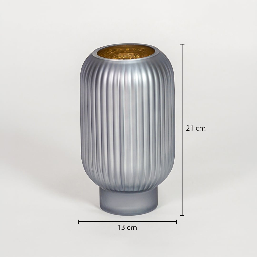 Grey frosted glass vase dimension image showing 21 cm height and 13 cm width decorative glass accent for table shelf styling.