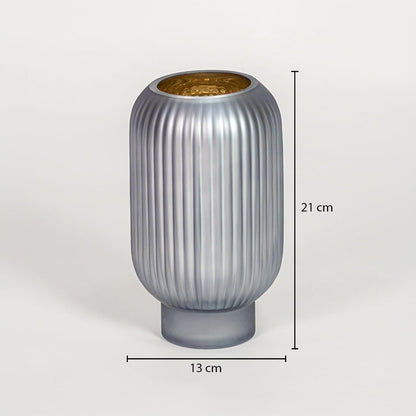 Grey frosted glass vase dimension image showing 21 cm height and 13 cm width decorative glass accent for table shelf styling.