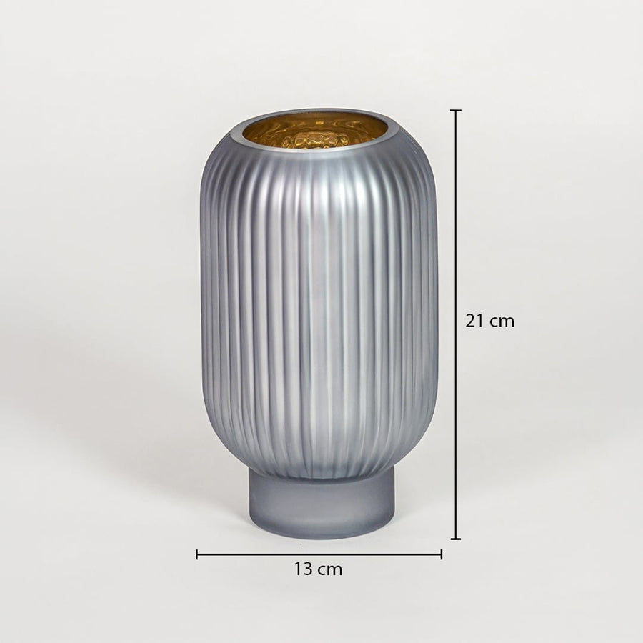 Grey frosted glass vase dimension image showing 21 cm height and 13 cm width decorative glass accent for table shelf styling.