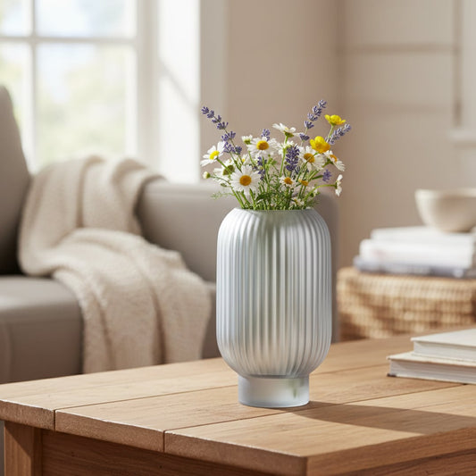 Grey frosted glass vase with gold inner finish styled on living room table modern decorative glass accent for shelf console styling.