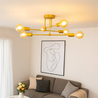 Modern gold chandelier adding a warm ambient glow in a cozy living setting with elegant bulbs enhancing the room atmosphere
