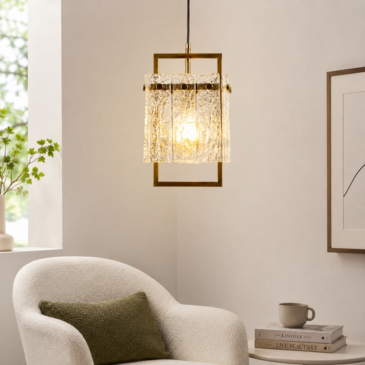 Square Frame Cracked Glass Pendant Light - Gold