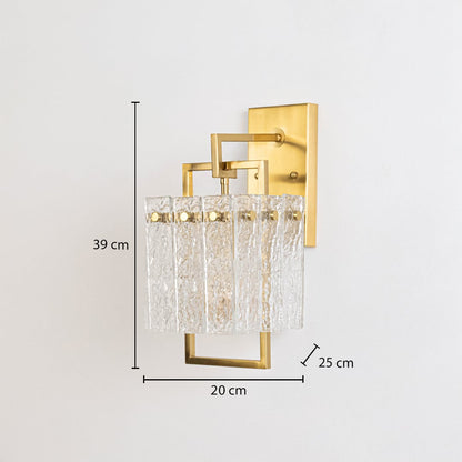 Gold wall sconce with textured glass shade shown with dimensions 39 cm height 20 cm width 25 cm depth for accurate fitting view.