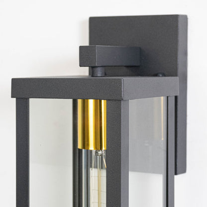 Closeup of medium square outdoor wall light in black metal showing clean edges durable build and modern exterior wall lighting design.