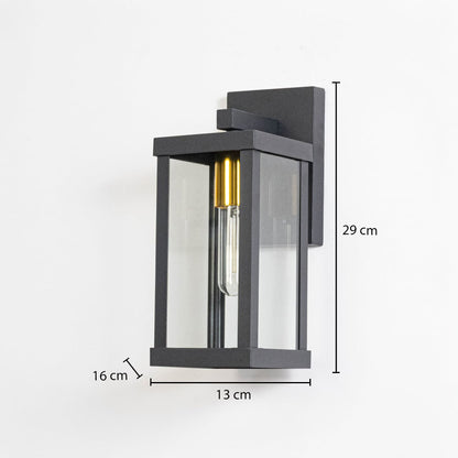 Black metal outdoor wall light measuring 29 cm height 13 cm width and 16 cm projection suitable for exterior walls.
