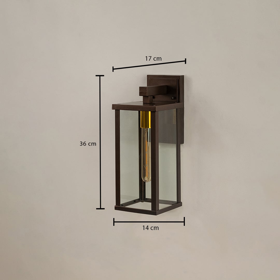 Bronze metal outdoor wall lantern showing size clearly with height 36 cm width 14 cm and depth 17 cm ideal for porch patio balcony and entry lighting.