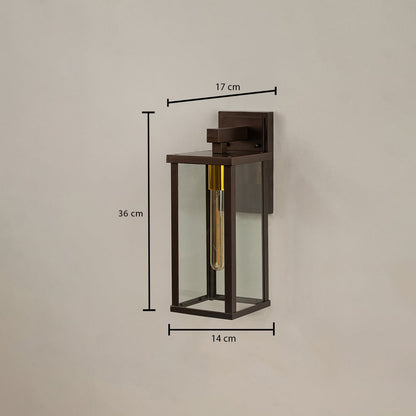 Bronze metal outdoor wall lantern showing size clearly with height 36 cm width 14 cm and depth 17 cm ideal for porch patio balcony and entry lighting.