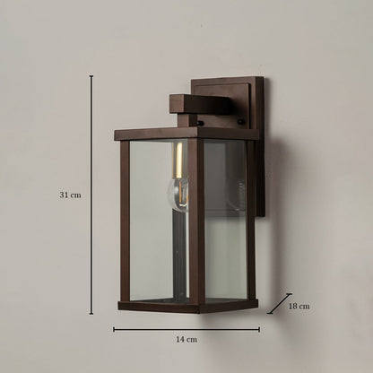 Metal wall lantern measuring 31 cm height 14 cm width and 18 cm depth shown with clear glass panels for outdoor lighting.