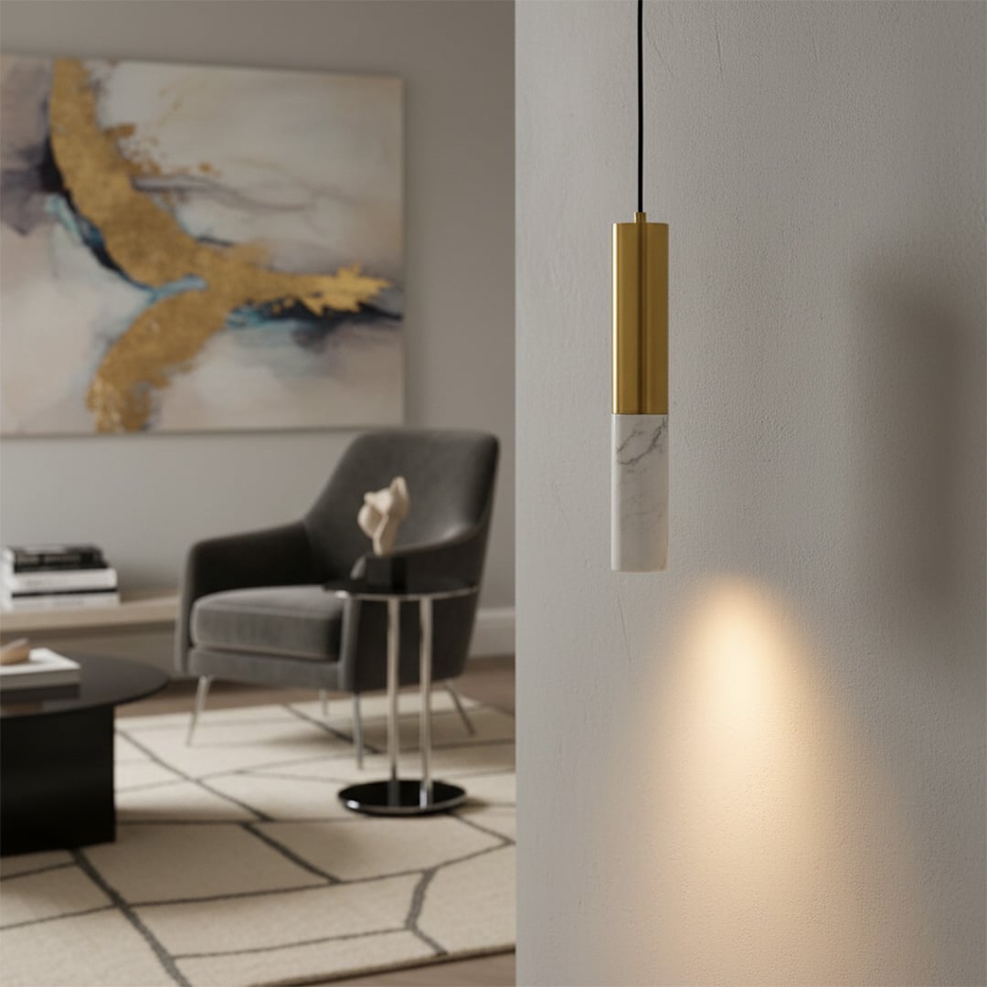 Modern wall mounted pendant light casting a soft downward glow enhancing a contemporary living room with clean lines and warm ambience.