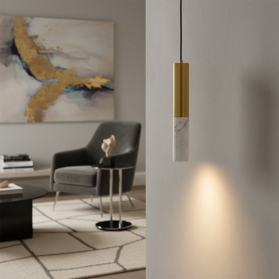 Modern wall mounted pendant light casting a soft downward glow enhancing a contemporary living room with clean lines and warm ambience.