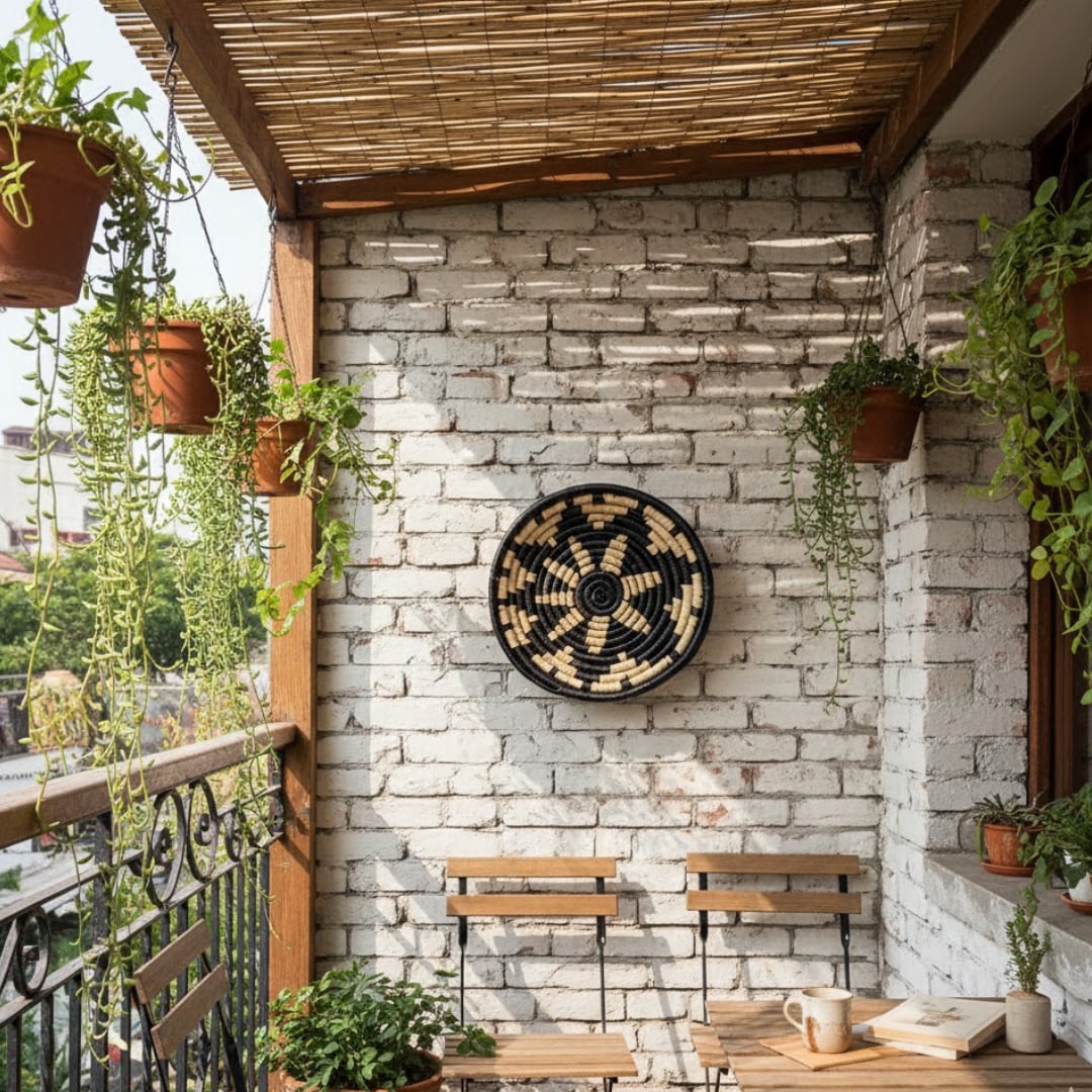 Decorative round wall clock with nature inspired motif mounted on rustic brick wall enhancing outdoor patio decor with earthy texture and visual warmth.