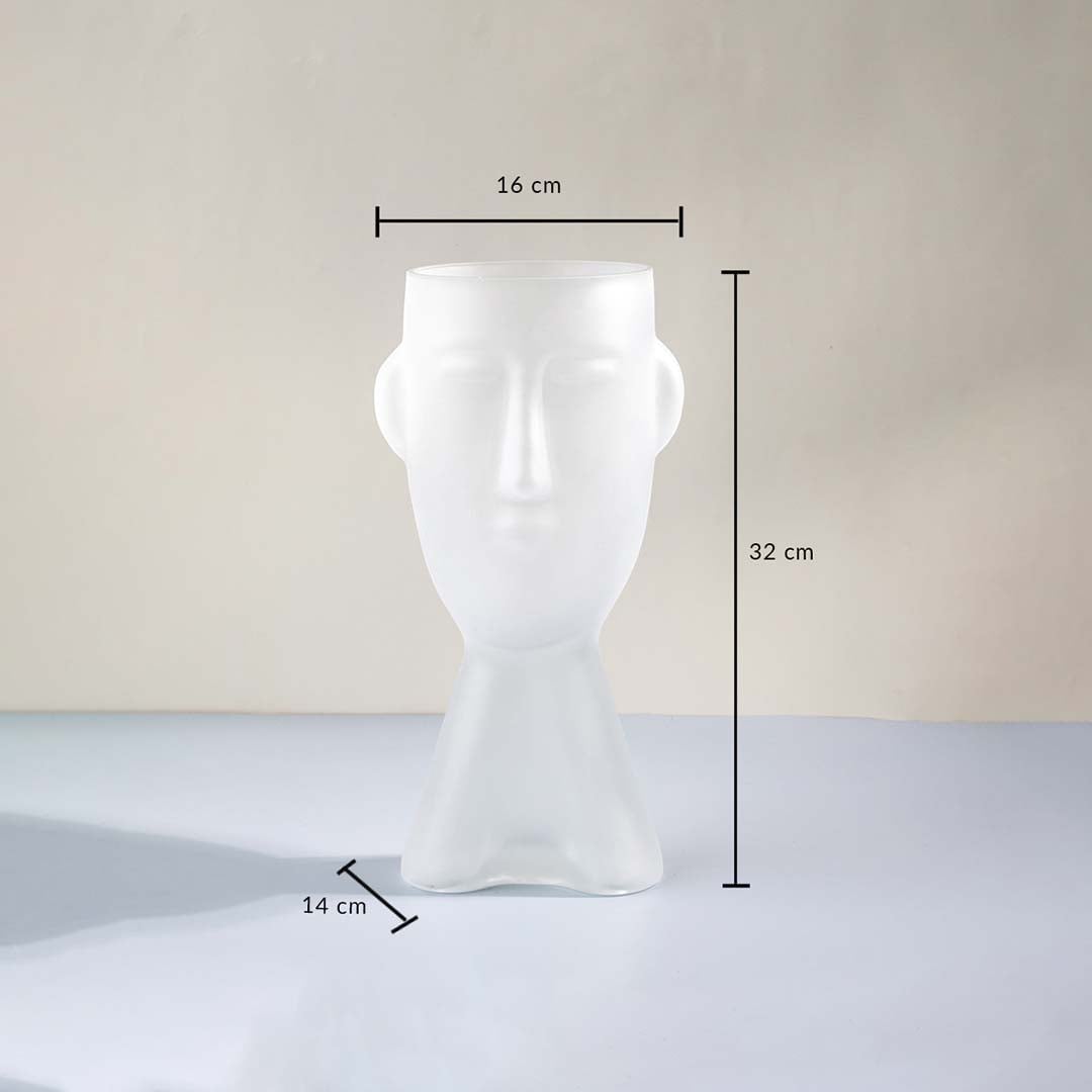Face shaped frosted glass vase 32 cm height 16 cm width 14 cm depth matte white modern artistic decor light on white background.
