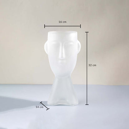Face shaped frosted glass vase 32 cm height 16 cm width 14 cm depth matte white modern artistic decor light on white background.