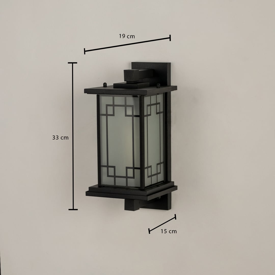 Black outdoor lantern shown with dimensions 33 cm height 19 cm width and 15 cm depth clearly displayed for accurate planning of outdoor wall lighting placement.