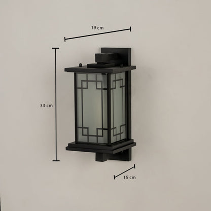 Black outdoor lantern shown with dimensions 33 cm height 19 cm width and 15 cm depth clearly displayed for accurate planning of outdoor wall lighting placement.
