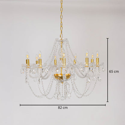 Chandelier with crystal and gold design shown with 82 cm width and 65 cm height for decorative lighting.
