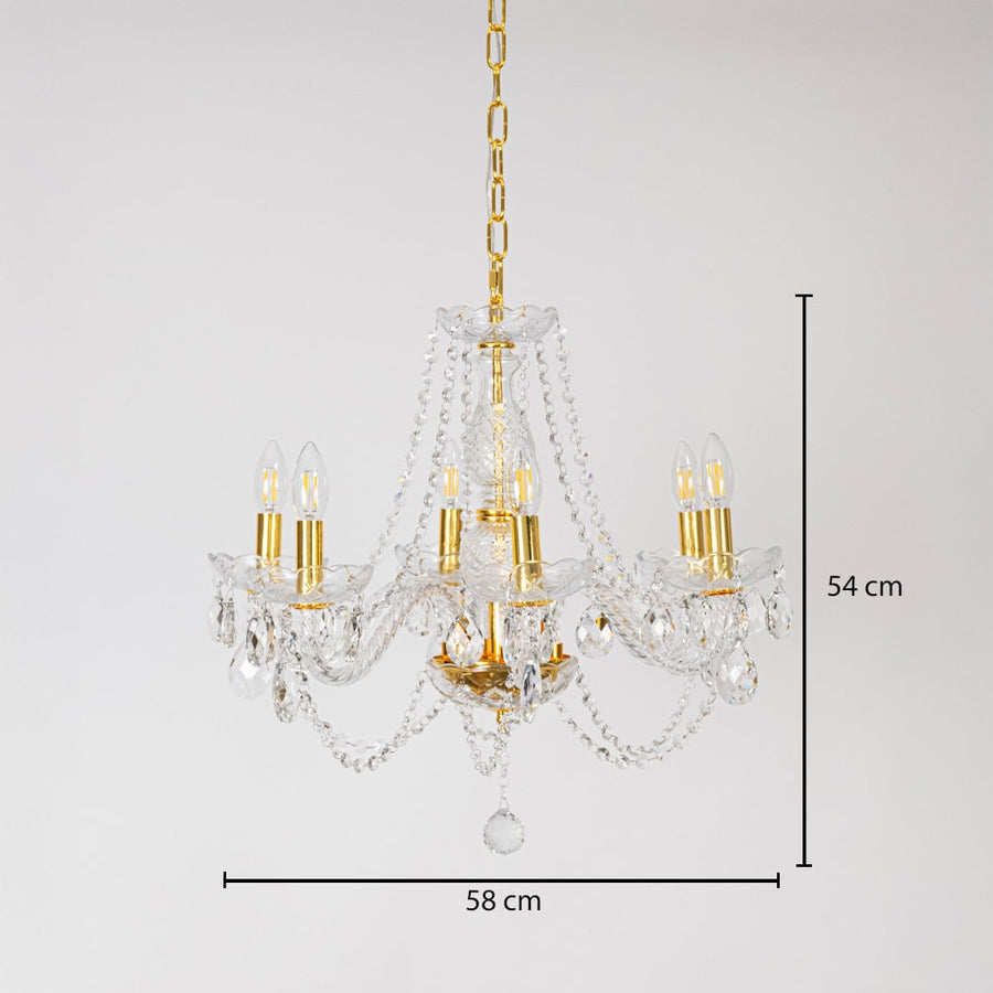 Chandelier with crystal and gold design shown with 58 cm width and 54 cm height for decorative home lighting.