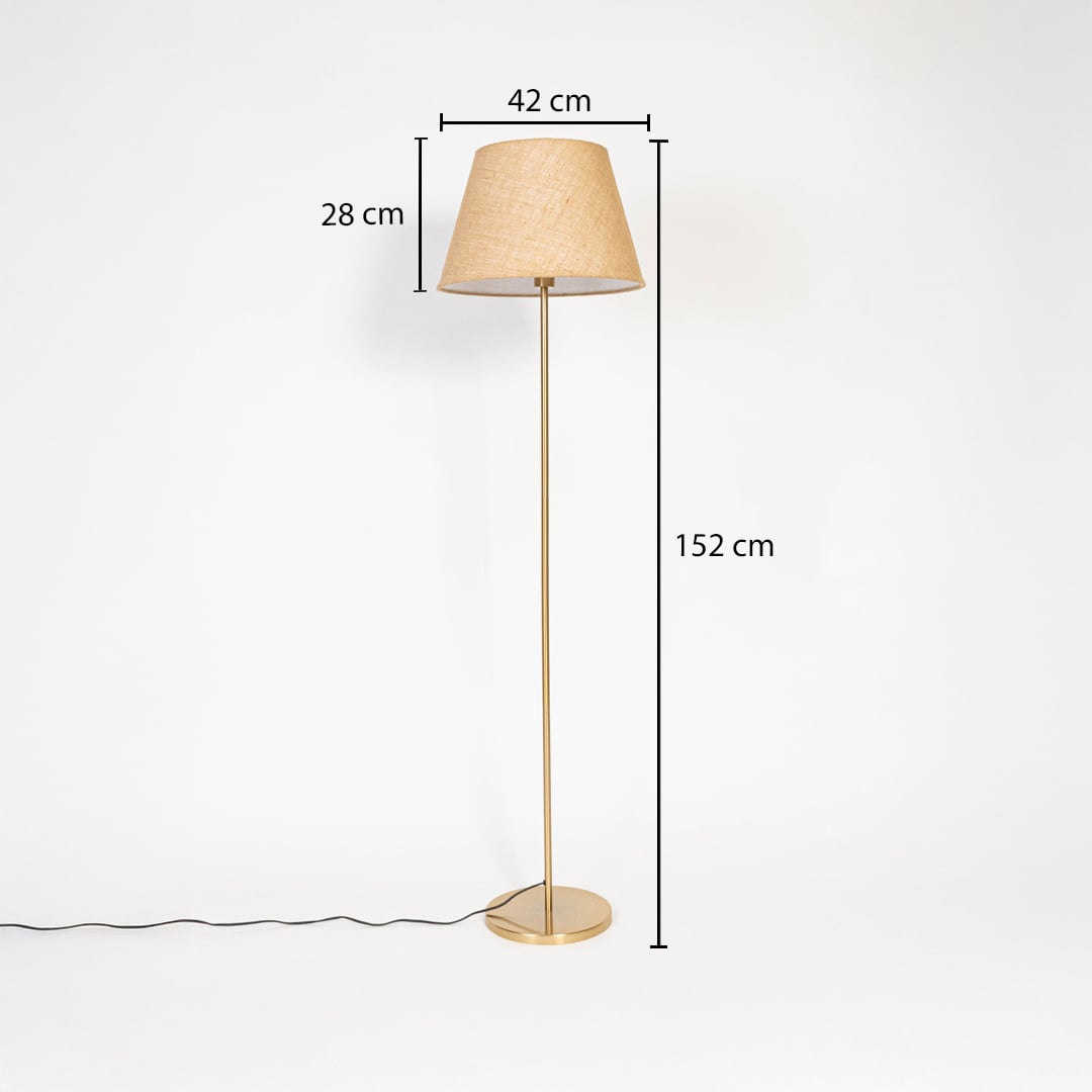 Floor lamp with beige fabric shade and golden base 152 cm height 42 cm width 28 cm shade depth shown with measurements.