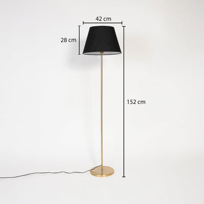Floor lamp with black fabric shade and golden stand shown with height 152 cm shade width 42 cm and shade height 28 cm.
