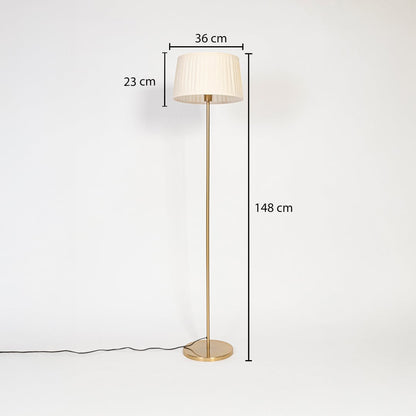 Floor lamp dimensions image showing 148 cm height with 36 cm wide and 23 cm tall white pleated shade on golden stand.