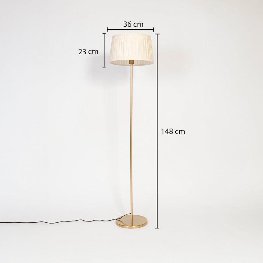 Floor lamp dimensions image showing 148 cm height with 36 cm wide and 23 cm tall white pleated shade on golden stand.