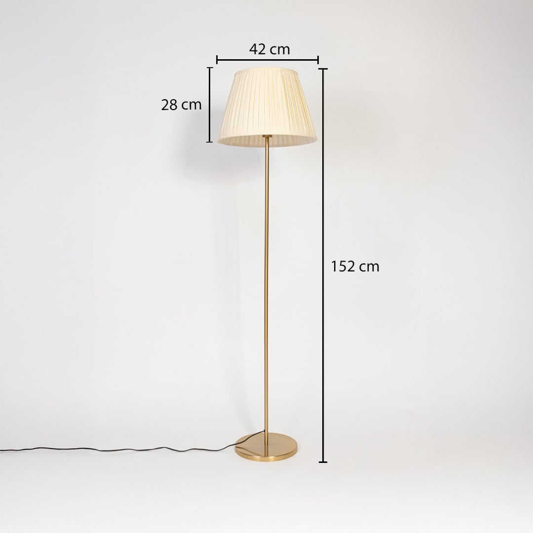 Golden floor lamp with pleated white shade 152 cm height 42 cm width and 28 cm shade depth.