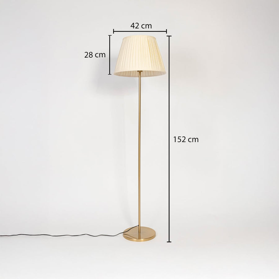 Golden floor lamp with pleated white shade 152 cm height 42 cm width and 28 cm shade depth.