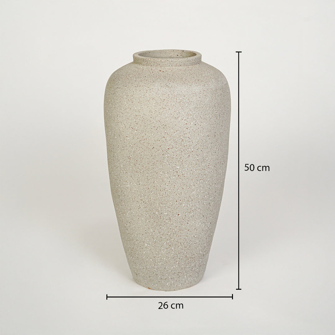 Dimension image of beige ceramic floor vase measuring 50 cm for elegant home decor with rustic finish.