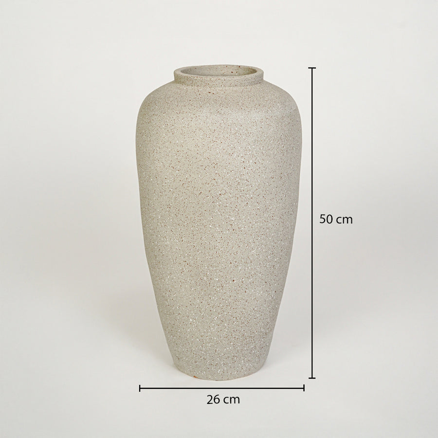 Dimension image of beige ceramic floor vase measuring 50 cm for elegant home decor with rustic finish.