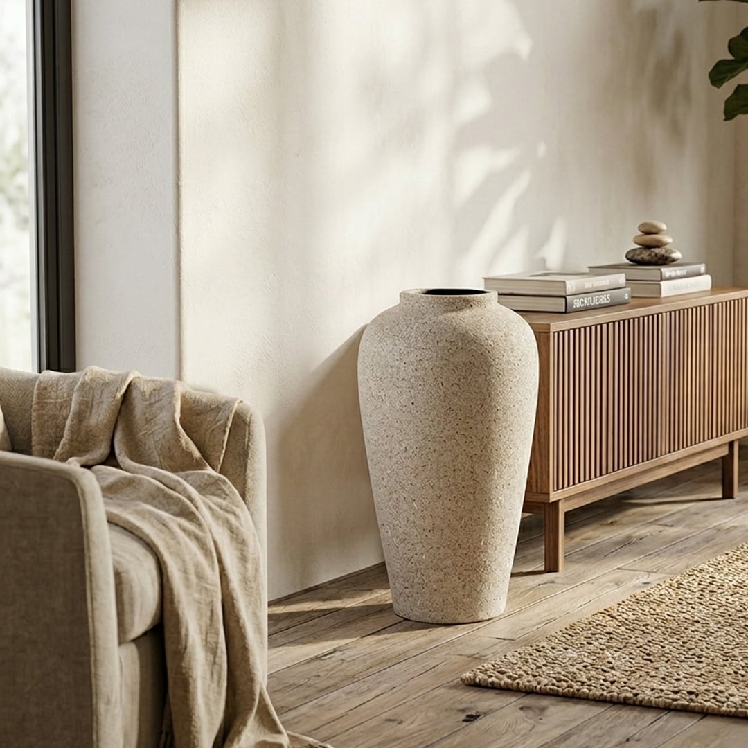 Beige textured floor vase placed beside cabinet for elegant modern living room decor styling.