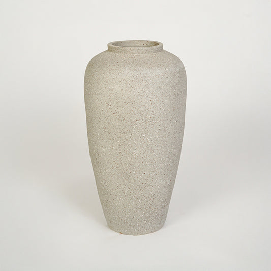 White background image of beige ceramic floor vase for elegant interior decor styling with textured matte finish.