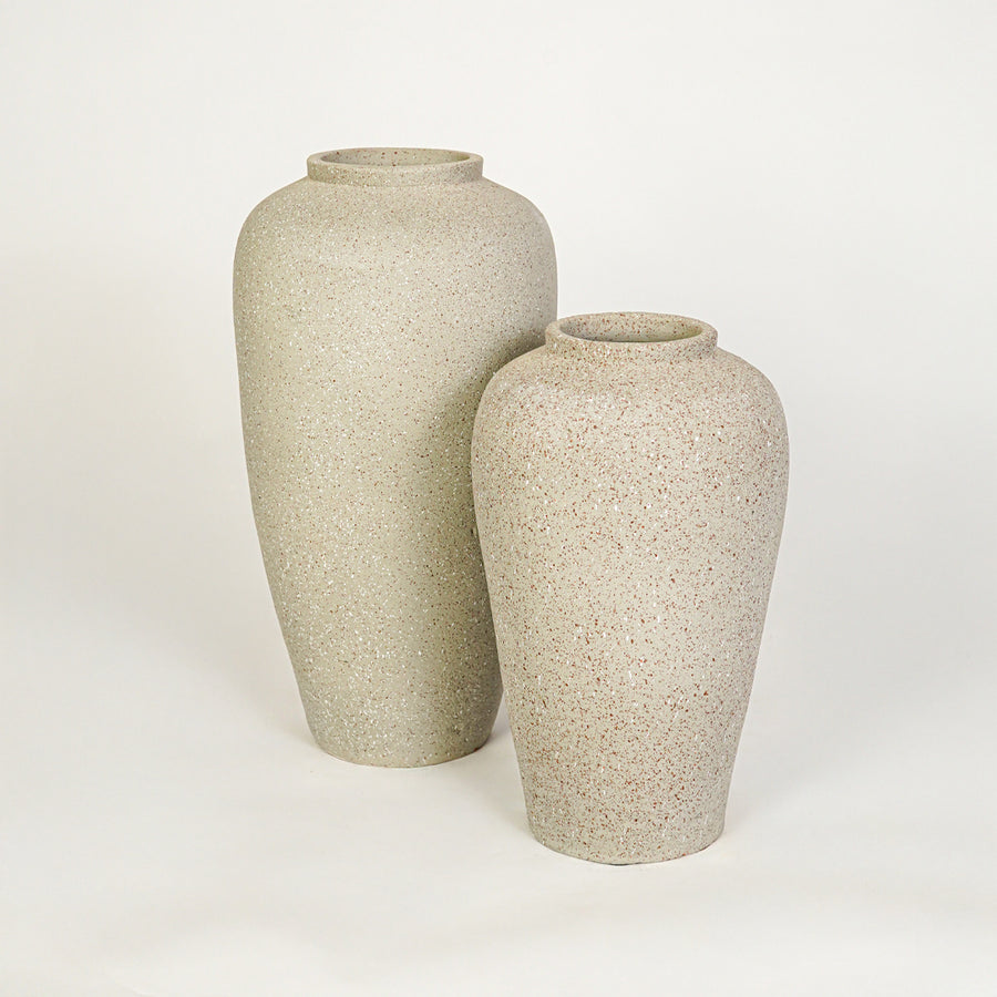 White background image of beige ceramic vase set for elegant floor decor styling with textured matte finish.