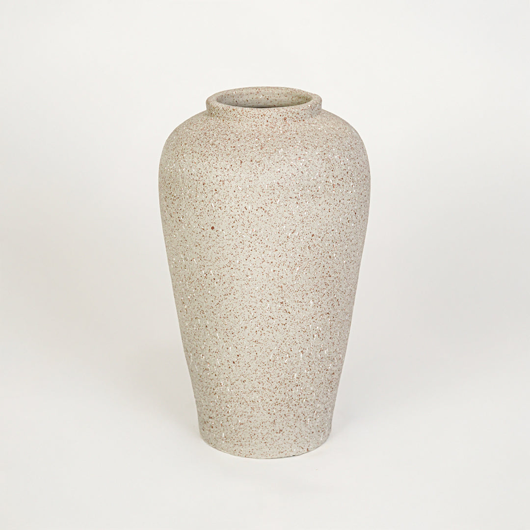 White background image of beige ceramic decorative vase for modern floor placement with rustic textured finish.