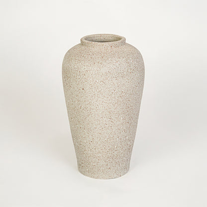 White background image of beige ceramic decorative vase for modern floor placement with rustic textured finish.