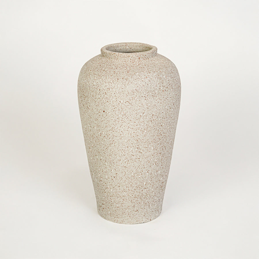 White background image of beige ceramic decorative vase for modern floor placement with rustic textured finish.