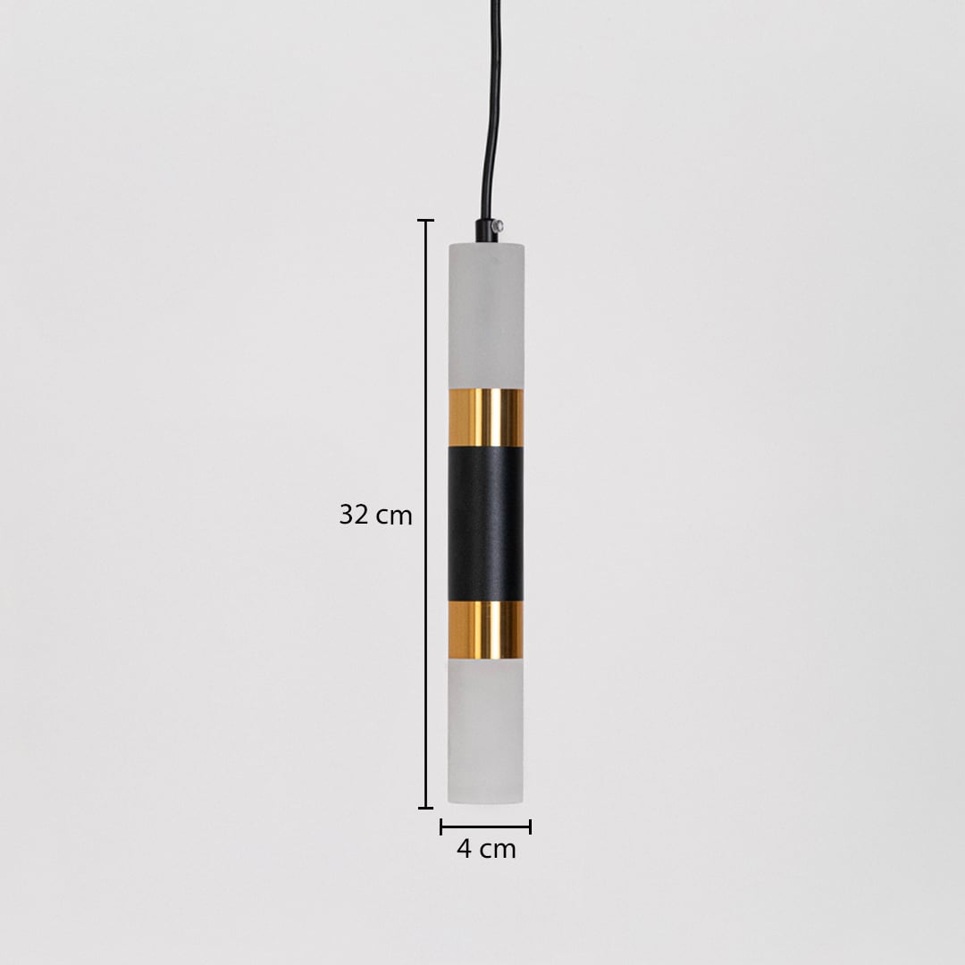 Black and gold cylindrical pendant light with dimensions 32 cm height and 4 cm width shown on white background for accuracy.