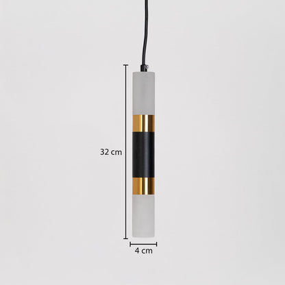 Black and gold cylindrical pendant light with dimensions 32 cm height and 4 cm width shown on white background for accuracy.