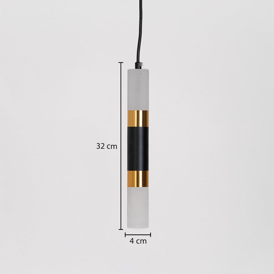 Black and gold cylindrical pendant light with dimensions 32 cm height and 4 cm width shown on white background for accuracy.