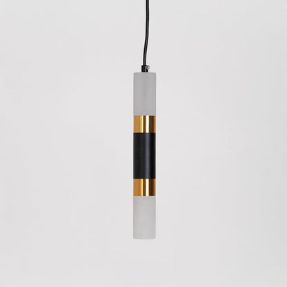 Minimalist black and gold cylindrical pendant light turned off displayed against white background for catalog product view.