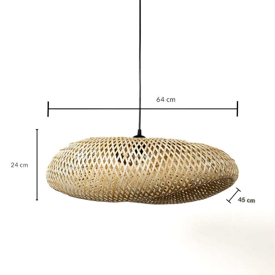 Dimension image of flat oval woven bamboo pendant light with rattan wicker frame showing 24 cm height and 64 cm width.
