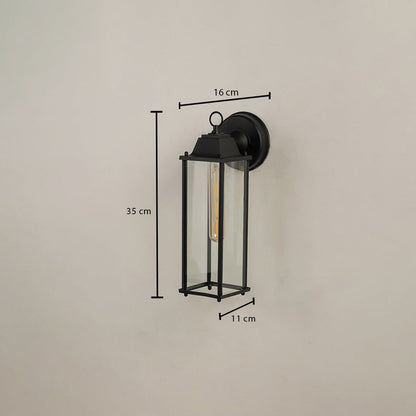 Black outdoor wall lantern with size details showing 35 cm height 16 cm width and 11 cm depth against a clean white background.