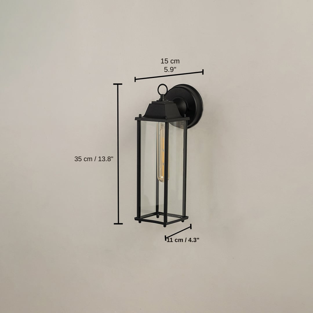 Black outdoor wall lantern, light 35 x 15 x 11 cm (13.8 x 5.9 x 4.3 inches), canopy 12 x 12 cm (4.7 x 4.7 inches) dimensions
