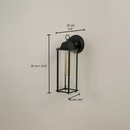 Black outdoor wall lantern, light 35 x 15 x 11 cm (13.8 x 5.9 x 4.3 inches), canopy 12 x 12 cm (4.7 x 4.7 inches) dimensions