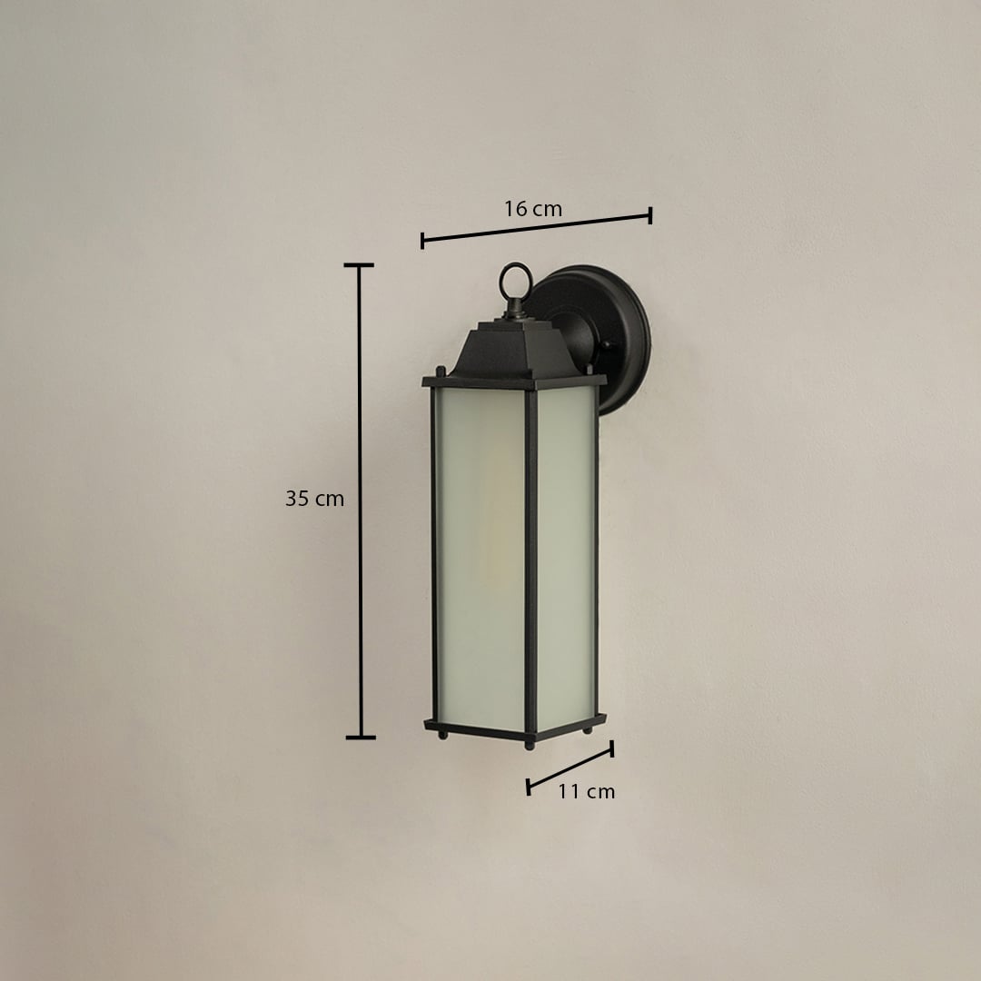 Black outdoor wall lantern with size details showing 35 cm height 16 cm width and 11 cm depth against a soft white backdrop.
