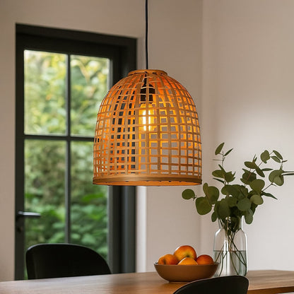 Natural bamboo pendant light hanging in cozy living area adding warm earthy ambience to modern home decor.