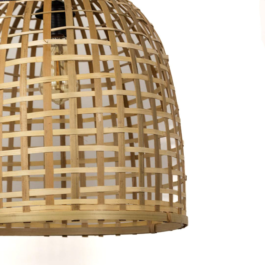 Closeup of handwoven bamboo light shade showing intricate open weave texture and elegant natural finish.