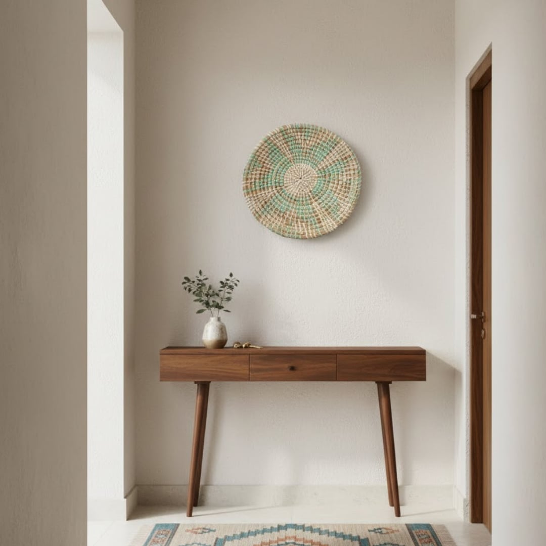 Handwoven wicker wall plate in natural brown with green and white weaving lifestyle image perfect for bedroom wall decoration.