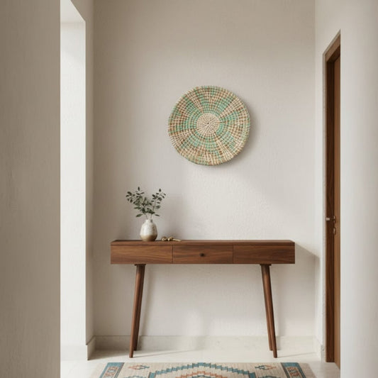 Handwoven wicker wall plate in natural brown with green and white weaving lifestyle image perfect for bedroom wall decoration.