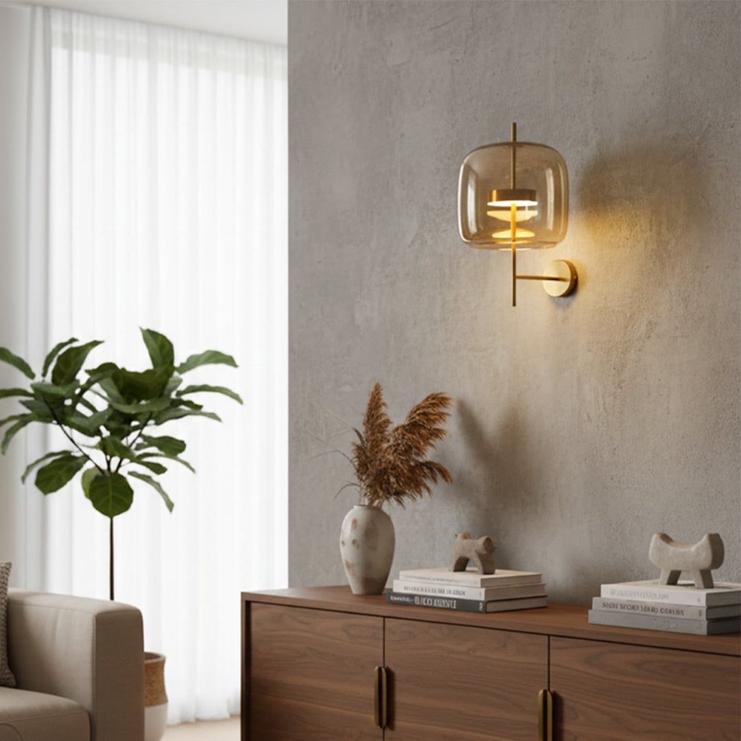 Modern gold glass wall light with warm glow for luxury living room and elegant home decor styling spaces.